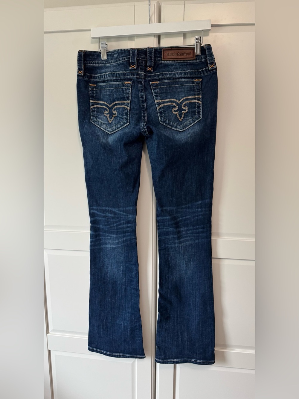 Rock Revival Anabela Navy Blue Flare Bootcut Jeans Mid-Rise Embroider Pockets 28